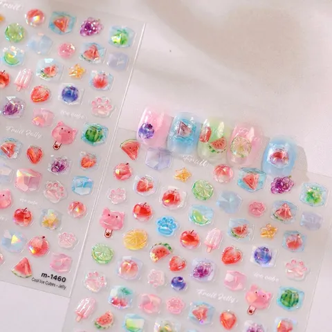 Sommer Dopamin Fruchtgelee Nagelaufkleber 3D Geprägt Transparent Eiswürfel Wassermelone Erdbeere Zitrone Nagel Abziehbilder Für Damen DIY Nageldekoration