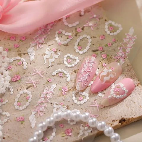 Französischer Ballett-Stil 5D Relief Nagelaufkleber Rosa Rose Weiß Spitze Schleife 3D Geprägt Nail Art Aufkleber Für Damen