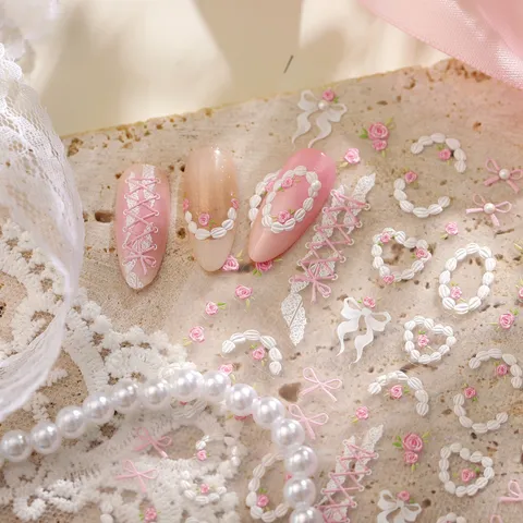 Französischer Ballett-Stil 5D Relief Nagelaufkleber Rosa Rose Weiß Spitze Schleife 3D Geprägt Nail Art Aufkleber Für Damen