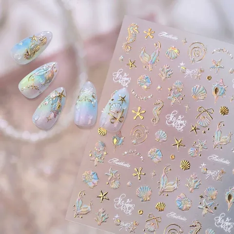 3D Ozean Thema Nagelaufkleber Muschel Seestern Seepferdchen Bedruckt Nagelkunst Aufkleber Goldprägung Holografisch Laser Maniküre Dekor für Damen