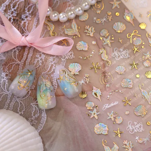 3D Ozean Thema Nagelaufkleber Muschel Seestern Seepferdchen Bedruckt Nagelkunst Aufkleber Goldprägung Holografisch Laser Maniküre Dekor für Damen