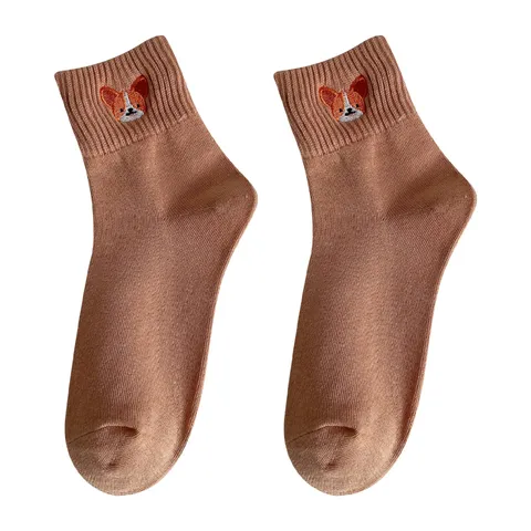 Women's Cute Cartoon Dog Embroidery Mid-Tube Socks Casual Breathable Cotton Socks