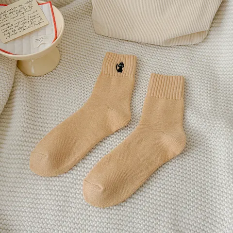 Damen Verdickte Thermische Frottee Wintersocken Süße Katzen Stickerei Wadielang Kaltwetter Warme Baumwollsocken