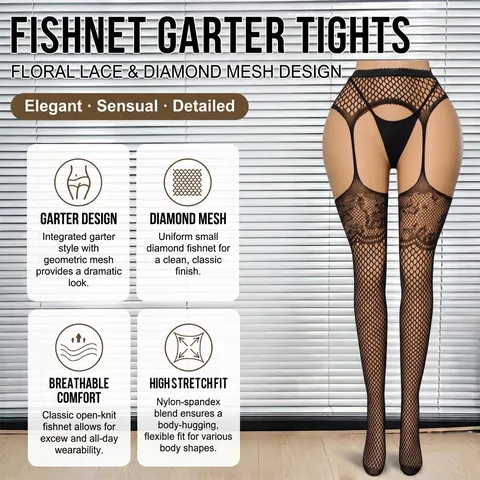 Women Plus Size Sexy Fishnet Tights Black Lace Garter Belt Integrated Pantyhose Open Crotch High Elastic Stockings