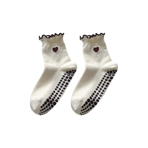 Women Non Slip Yoga Socks Combed Cotton Pilates Fitness Floor Socks Heart Embroidery Ruffle Trim Athletic Sports Socks