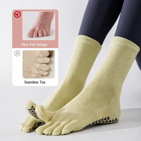 Women's Pure Cotton Anti-Slip Five-Toe Mid-Calf Yoga Pilates Socks Breathable Athletic Split-Toe Socks