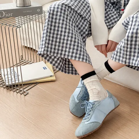 Women Casual Thin Cotton Blend Mid Calf Socks Korean Style Breathable Crew Socks For Daily Wear Fashion Footwear