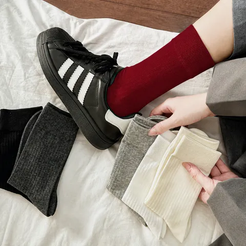 Women Autumn Winter Solid Color Ribbed Cotton Mid Tube Socks Casual Comfortable Soft Breathable Daily Wear Hosiery