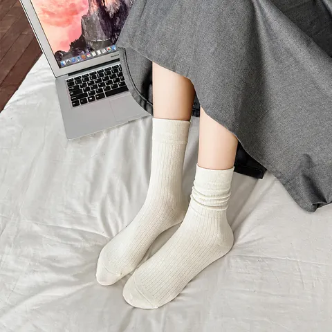 Women Autumn Winter Solid Color Ribbed Cotton Mid Tube Socks Casual Comfortable Soft Breathable Daily Wear Hosiery