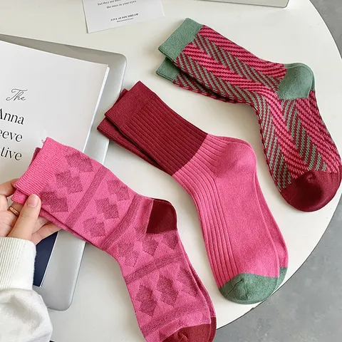 Chaussettes Mi-Mollet Épaisses Chaudes d'Hiver Rétro pour Femmes Motif Losanges Bloc de Couleur