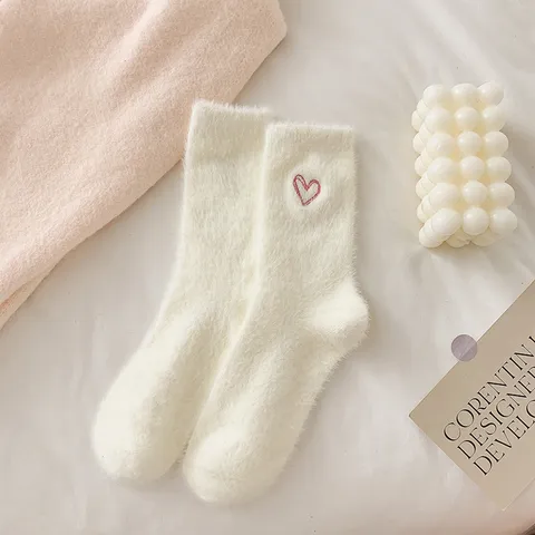 Women Winter Thickened Warm Sleep Socks Soft Plush Fleece Thermal Floor Socks Cute Heart Embroidered Mid Tube