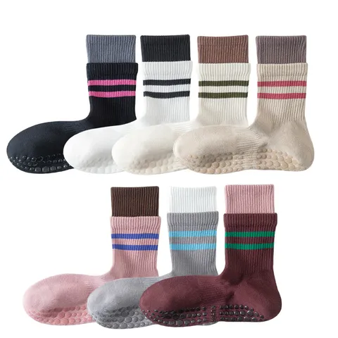Women Professional Non Slip Yoga Socks Cotton Mid Tube Pilates Fitness Sports Floor Socks Striped Athletic Socks