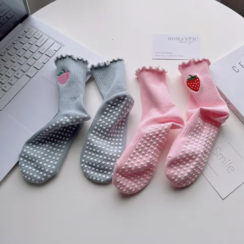 Women Anti-Slip Yoga Pilates Socks Breathable Cotton Athletic Fitness Socks Fruit Embroidery Ruffle Cuff