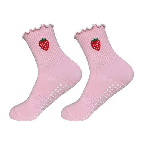 Women Anti-Slip Yoga Pilates Socks Breathable Cotton Athletic Fitness Socks Fruit Embroidery Ruffle Cuff