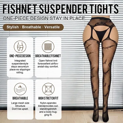 Women Dark Style Halloween Bat Fishnet Stockings Integrated Garter Open Crotch Pantyhose Sexy Gothic Party Tights