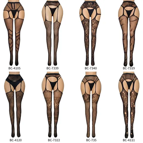 Gothic Women's High Waist Suspender Tights Jacquard Mesh Long Black Stockings Sexy Hollow Out Hosiery