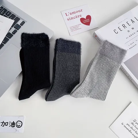 Women's Fall Winter Thick Solid Color Cotton Mid Calf Socks Plush Cuff Casual Warm Thermal Long Stockings