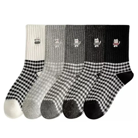Chaussettes Mi-Mollet d'Hiver en Coton pour Femmes avec Broderie de Chat de Dessin Animé Mignon Chaussettes Chaudes et Confortables