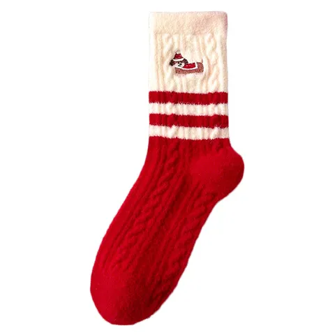 Women Winter Thickened Warm Long Socks Cute Puppy Embroidery Red Striped Thermal Hosiery New Year Home Sleep Socks