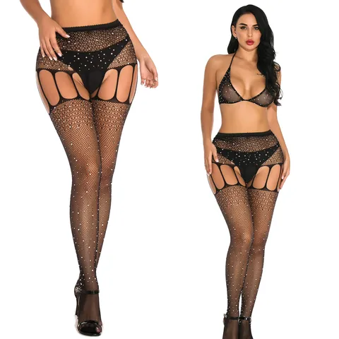 Women Sexy Fishnet Rhinestone Lingerie Set Halter Bra High Waist Garter Stockings Erotic Mesh Sleepwear