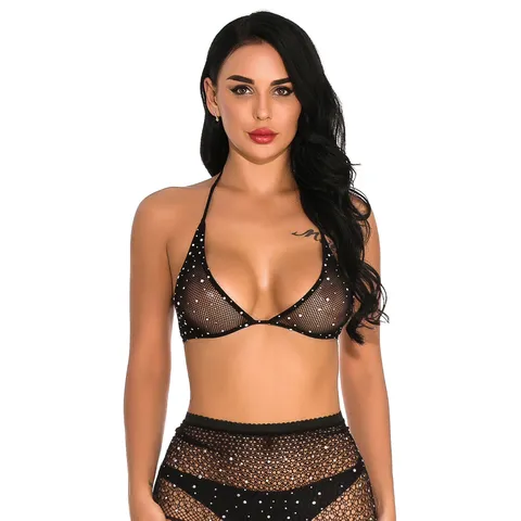 Women Sexy Fishnet Rhinestone Lingerie Set Halter Bra High Waist Garter Stockings Erotic Mesh Sleepwear