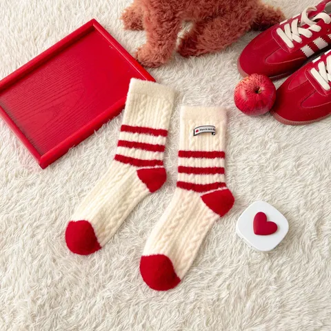 Women Winter Thickened Warm Long Socks Cute Puppy Embroidery Red Striped Thermal Hosiery New Year Home Sleep Socks