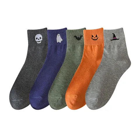 Halloween Skeleton Pumpkin Embroidered Crew Socks Unisex Thickened Warm Cotton Casual Winter Socks