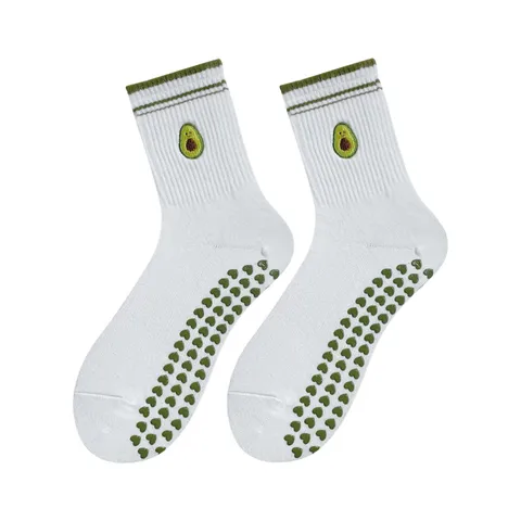 Womens Non-Slip Yoga Pilates Socks Mid-Tube Breathable Cotton Athletic Floor Socks With Cute Fruit Embroidery