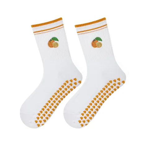 Women Non Slip Yoga Socks Pilates Cotton Blend Mid Tube Fitness Anti Slip Floor Socks Cute Fruit Embroidery Sports