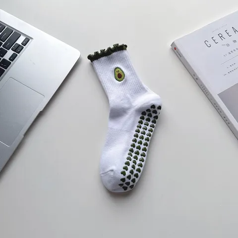 Womens Non-Slip Yoga Pilates Socks Mid-Tube Breathable Cotton Athletic Floor Socks With Cute Fruit Embroidery