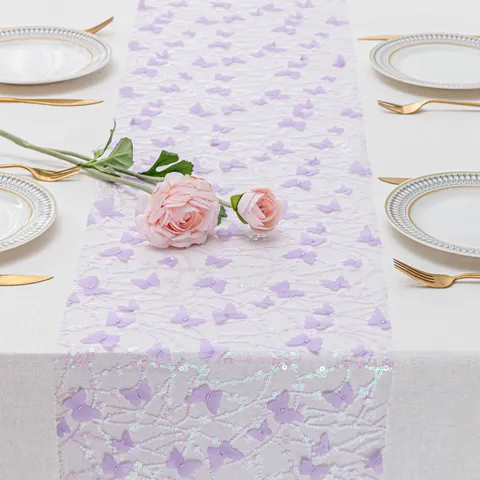 Runner da Tavola con Farfalla 3D Tovaglia in Poliestere con Paillettes Per Tavolo da Pranzo Cucina Matrimonio Festa Decorazione Festiva