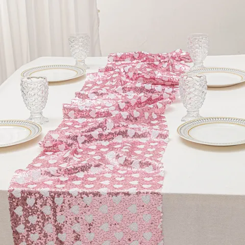 Runner da Tavola con Paillettes di San Valentino Motivo Cuore Tovaglia in Tessuto a Rete per Festa di Matrimonio Sala da Pranzo