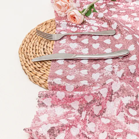 Runner da Tavola con Paillettes di San Valentino Motivo Cuore Tovaglia in Tessuto a Rete per Festa di Matrimonio Sala da Pranzo