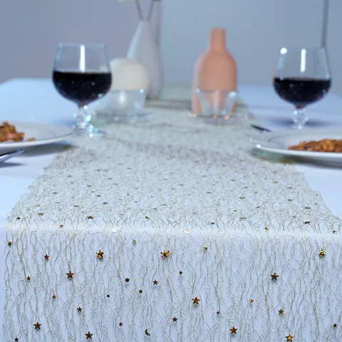 Runner da Tavola in Rete con Stelle Lucide Rotolo in Tessuto di Poliestere con Foglia d'Oro Per Festa di Matrimonio Tavolo da Pranzo
