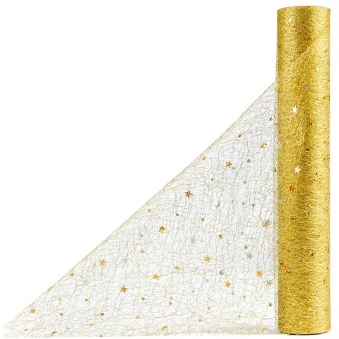 Runner da Tavola in Rete con Stelle Lucide Rotolo in Tessuto di Poliestere con Foglia d'Oro Per Festa di Matrimonio Tavolo da Pranzo