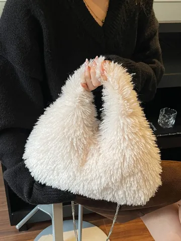 Minimalistische Eimertasche Aus Kunstpelz Für Damen Herbst Winter Flauschige Plüschkette Schultertasche Einfarbig Korea Stil