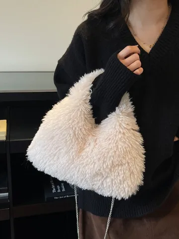 Minimalistische Eimertasche Aus Kunstpelz Für Damen Herbst Winter Flauschige Plüschkette Schultertasche Einfarbig Korea Stil
