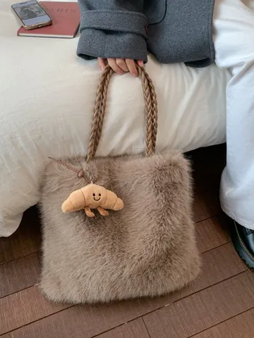 Damen Kunstpelz Tote Bag Große Kapazität Flauschige Handtasche Geflochtener Griff Umhängetasche Mit Croissant Anhänger Für Herbst Winter