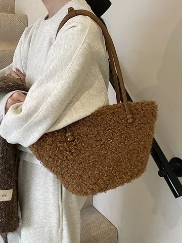 Bolso Tote de Lana de Cordero Sintética para Mujer Bolso de Axila de Invierno Difuso Bolso de Hombro de Peluche Suave Bolso de Mano Difuso Elegante