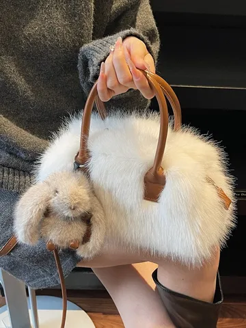 Women Winter Plush Boston Bag Faux Fur Top Handle Handbag Soft Warm Shoulder Crossbody Bag With Rabbit Pendant Purse For Travel