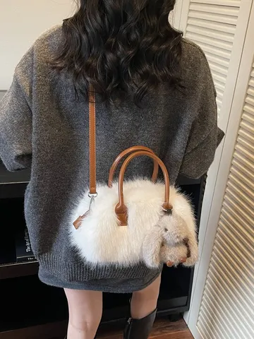 Women Winter Plush Boston Bag Faux Fur Top Handle Handbag Soft Warm Shoulder Crossbody Bag With Rabbit Pendant Purse For Travel