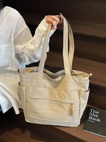 Borsa Tote in Tela Stile Collegiale Grande Capacità Borsa a Spalla Casual Multi Tasca Per Scuola Pendolarismo Donna Borsa Spesa