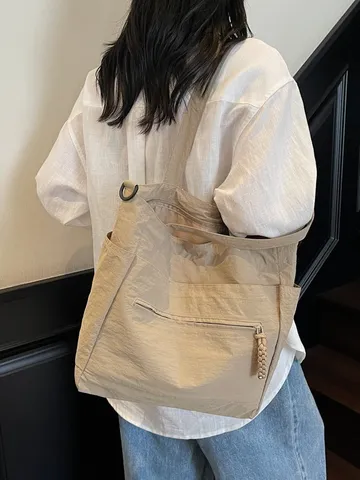 Borsa Tote in Tela Stile Collegiale Grande Capacità Borsa a Spalla Casual Multi Tasca Per Scuola Pendolarismo Donna Borsa Spesa