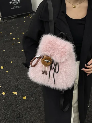 Damen Mode Kunstfell Rucksack Winter Plüsch Schultasche Große Kapazität Kordelzug Tasche Mit Süßem Monster Anhänger