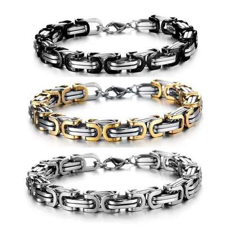 Personalized Stainless Steel Men Byzantine Chain Link Bracelet European American Punk Biker Two Tone Metal Wristband Hand Jewelry