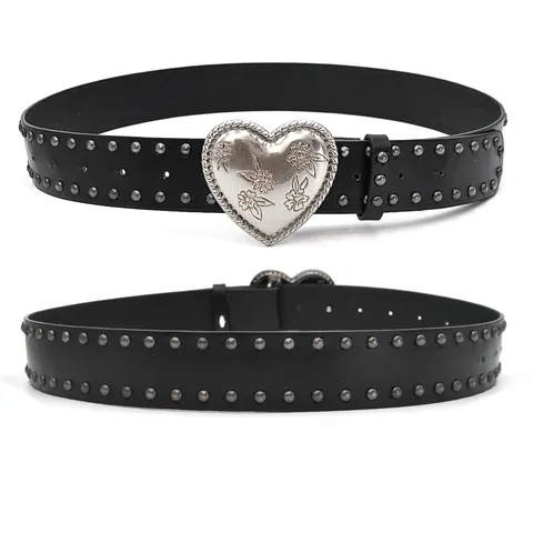 Women Punk Style PU Leather Waist Belt Double-Row Metal Rivets Heart Carved Buckle Casual Jeans Belt