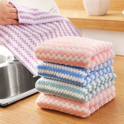 Thickened Coral Fleece Wave Pattern Kitchen Cleaning Cloth Super Absorbent Dish Rag Microfiber Cleaning Towel