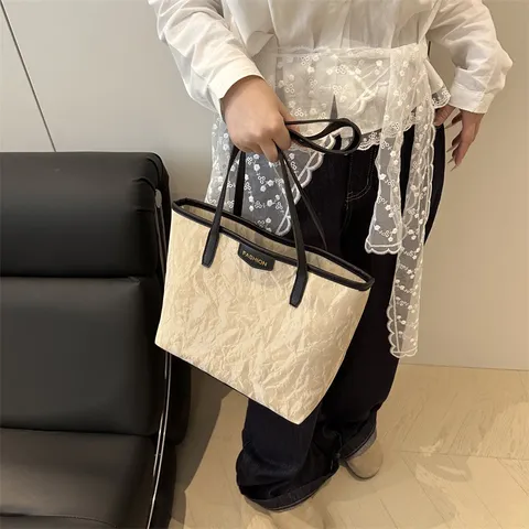 Women's Tote Bag Casual Crinkled PU Leather Shoulder Bag Large Capacity Commuter Handbag Elegant Ladies Underarm Bag