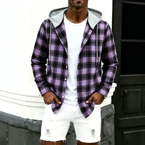 Men's Casual Plaid Long Sleeve Hooded Shirt Cotton Printed Loose Fit Flannel Style Top For Autumn Winter Hoodie Shirt Youth Fashion