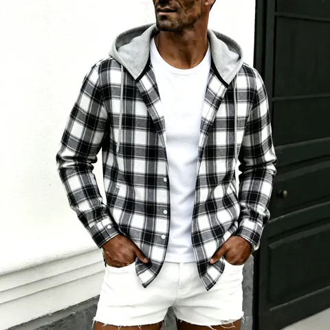 Men's Casual Plaid Long Sleeve Hooded Shirt Cotton Printed Loose Fit Flannel Style Top For Autumn Winter Hoodie Shirt Youth Fashion